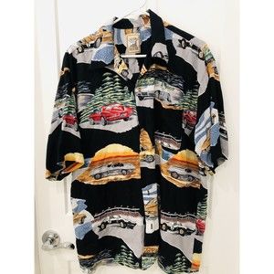 Island Collection Hawaiian Shirt Mens L Corvette Cars Print Rayon